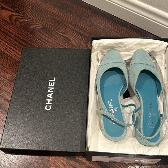 🩵 Chanel 21S Denim Blue Neon Mademoiselle Coco Sling Slingback Flat Sandal 37 - Picture 2 of 6